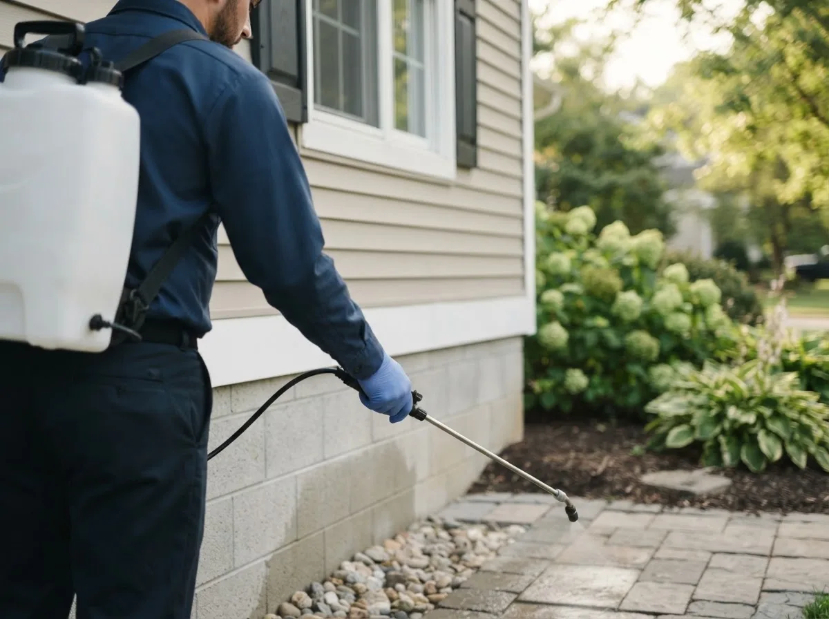 Pest control technician inspecting a home in Litchfield, ME
